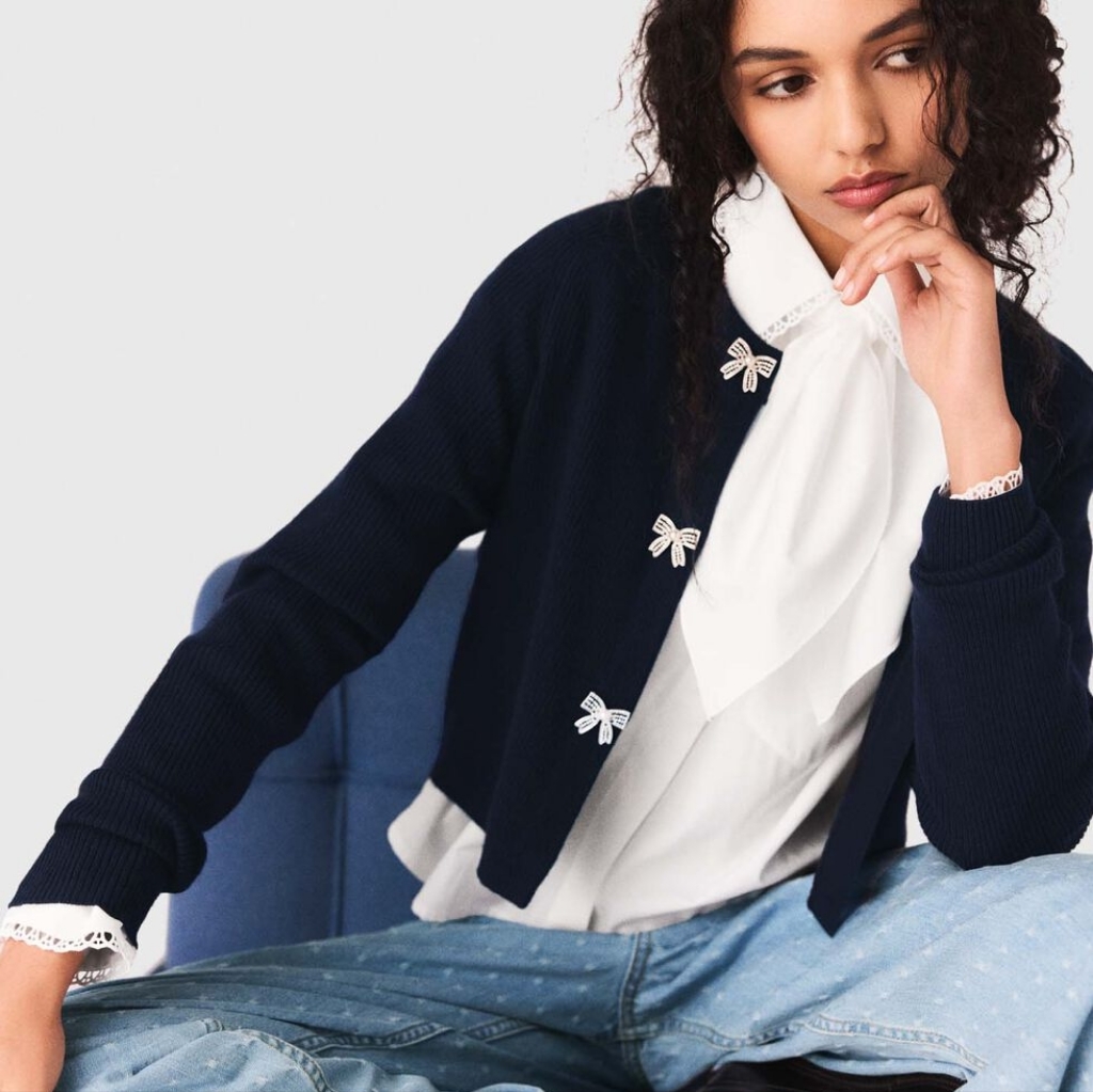 Maje Jewelled Bow-Button Cardigan
